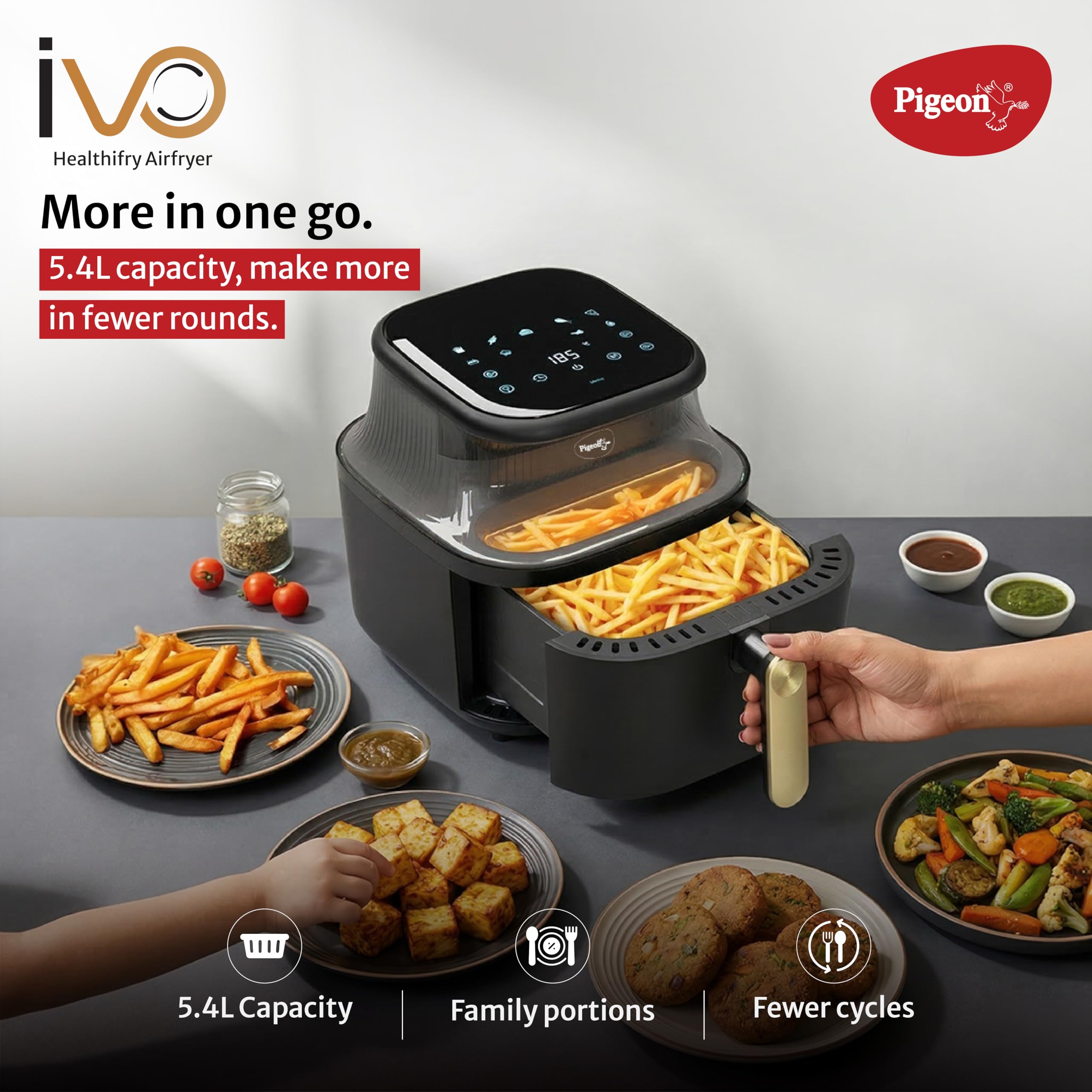 by Stovekraft Healthifry 5.4L Digital Air Fryer | 1500W | 360° Rapid Air Circulation | 80% Less Oil | Non-Stick Basket | Touch Control | Auto Shut-Off | 2 Years Warranty | Black