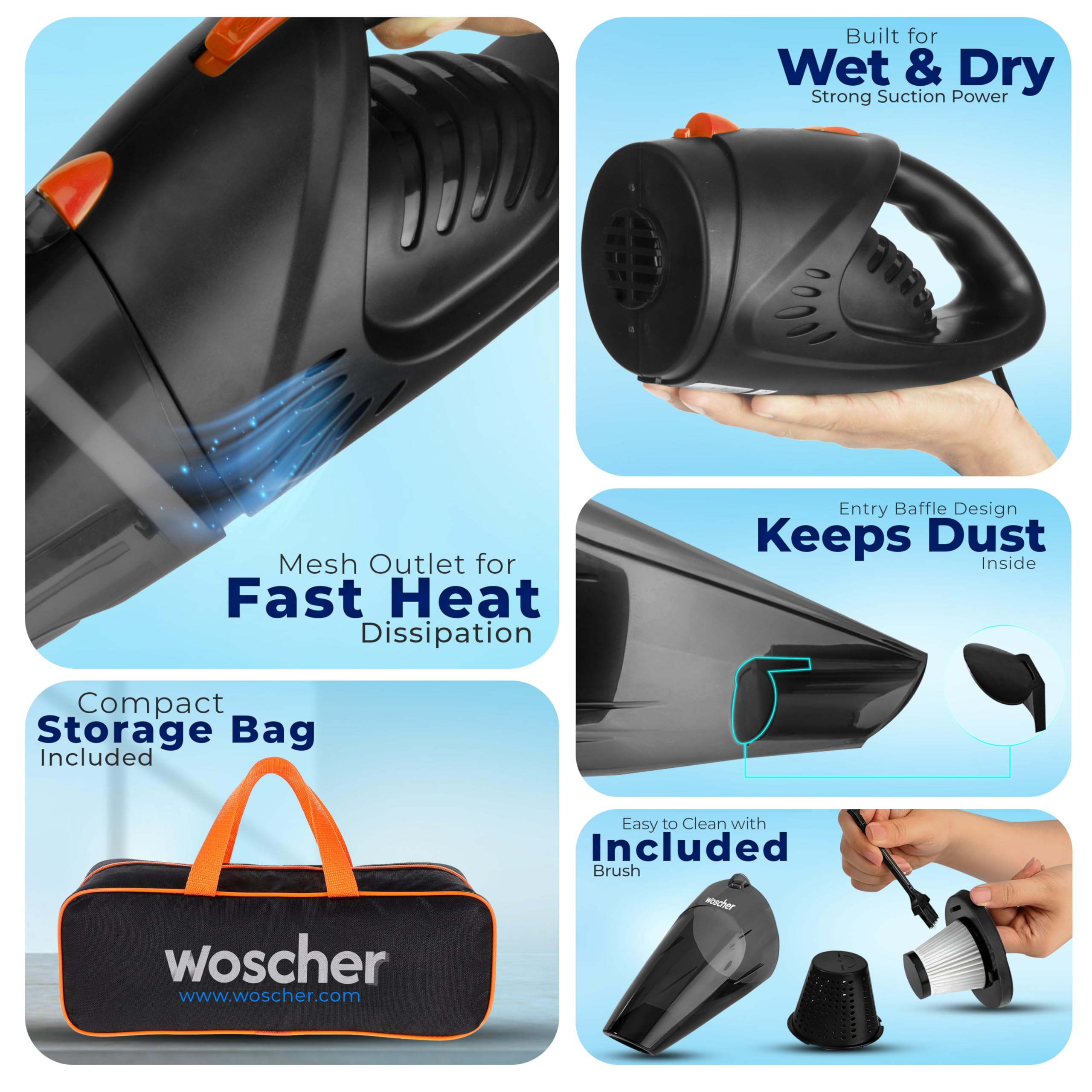 AutoVac Pro High Power Auto Car Vacuum Cleaner for Deep Cleaning, Hand Held Portable Car Vacuum with DC 12V, 140W Vacuum Motor & Powerful Suction 5000PA, Black