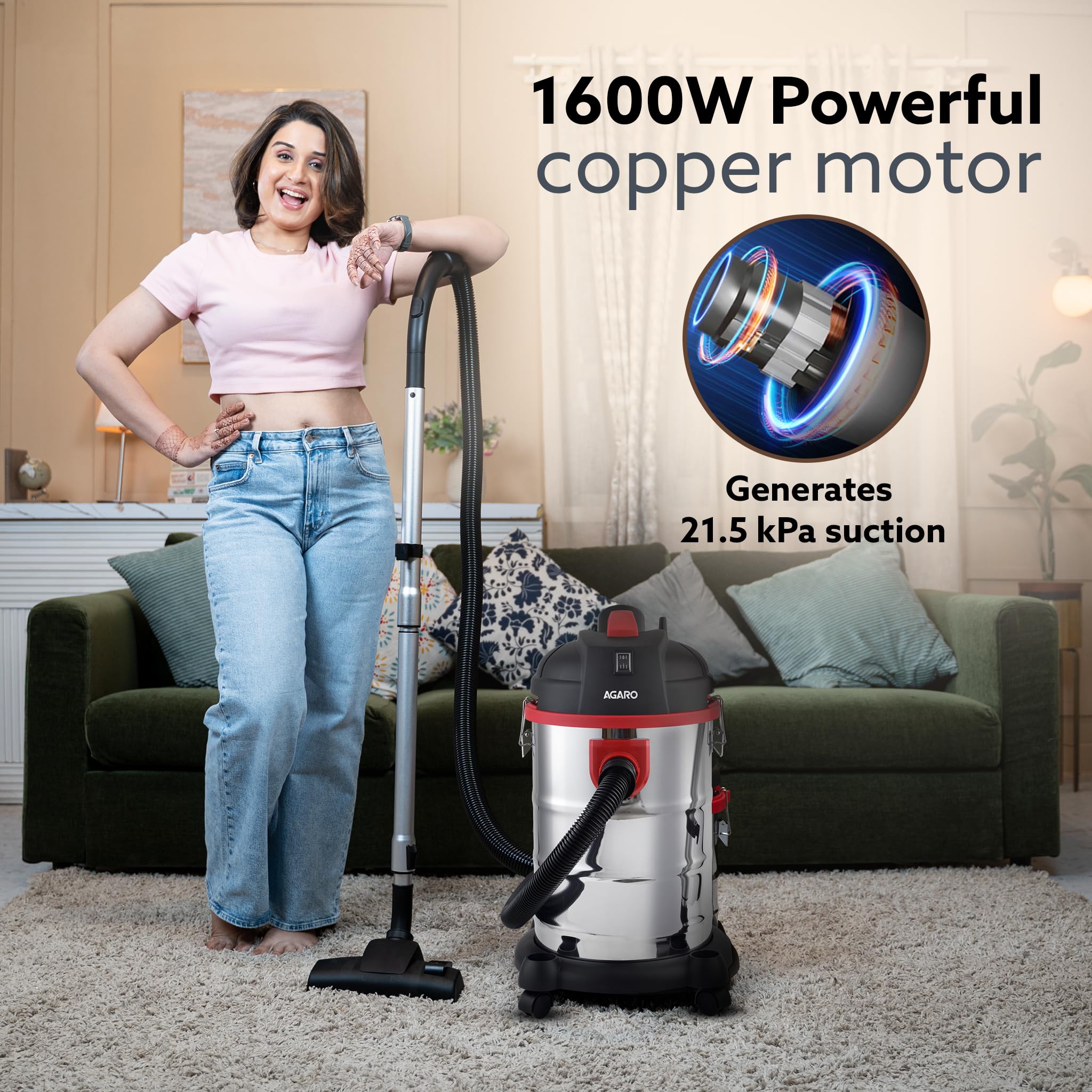 AGARO Ace Wet & Dry Vacuum Cleaner, 1600 Watts, 21.5 Kpa Suction Power, 30 litres Tank Capacity, Home Use, Blower Function, Washable 3L Dust Bag, Stainless Steel Body (Black/Red/Steel)