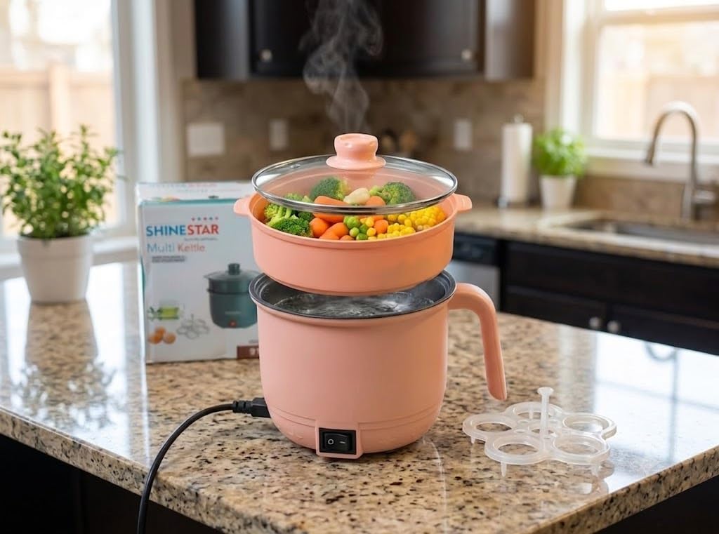 1.5L Electric Multi Kettle with Steamer & Egg Rack, Peach