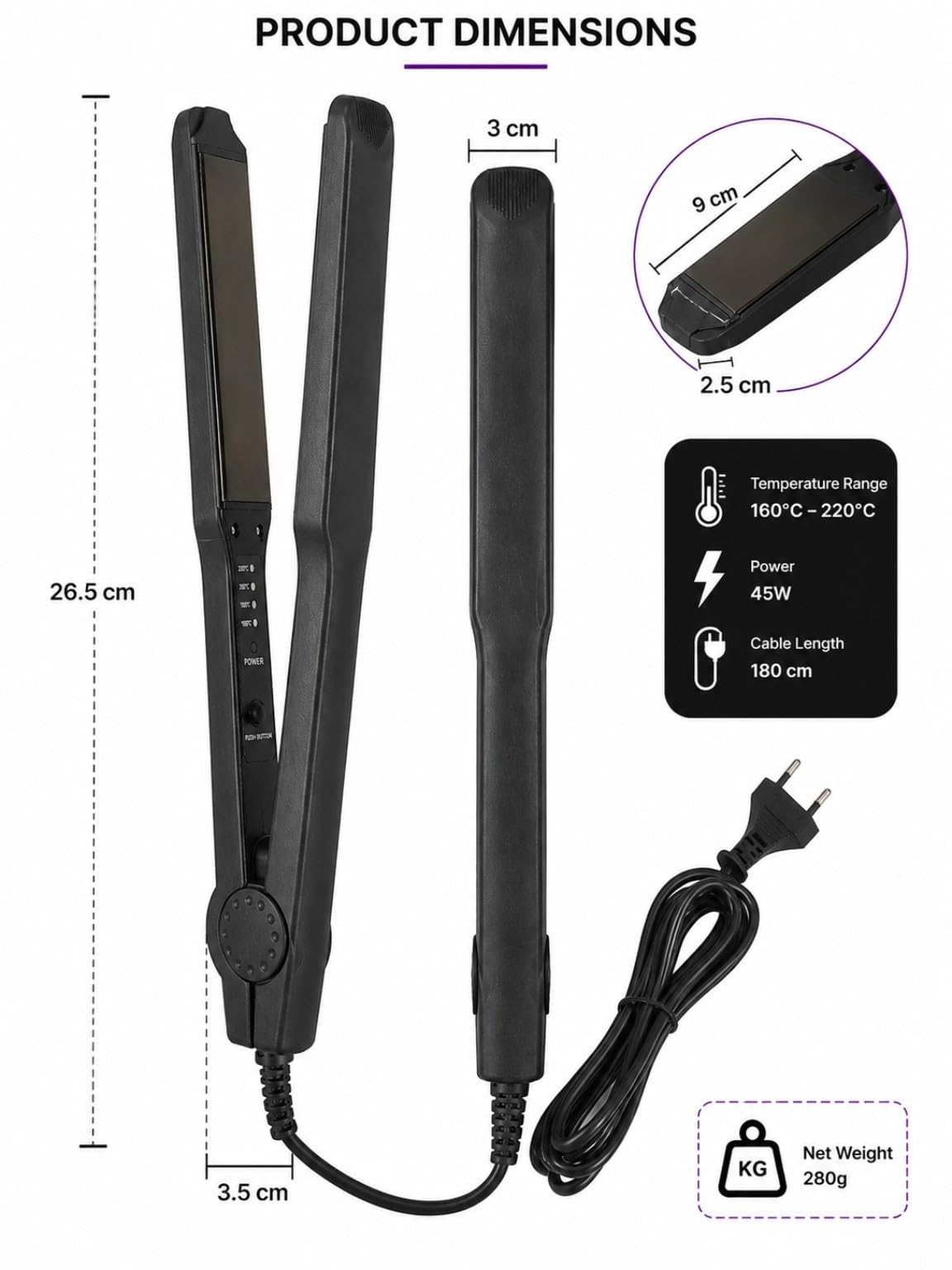 Hair Straightener with Ceramic Coated Plates, Black