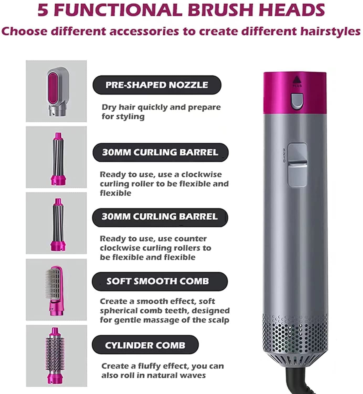 5-in-1 AirStyler- Hot Air Brush, Straightener Brush, Curling Tong, Blow Dryer, Concentrator & Diffuser | 50% Less Hair Breakage, 3 Settings | all in one ha (MULTI)