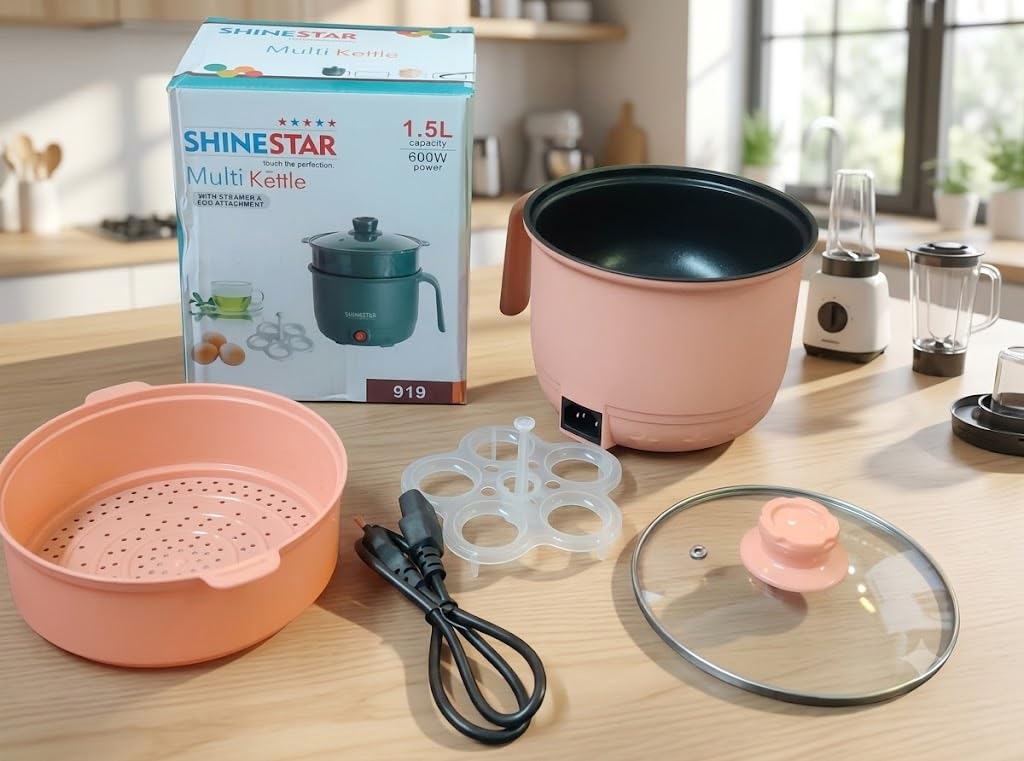 1.5L Electric Multi Kettle with Steamer & Egg Rack, Peach