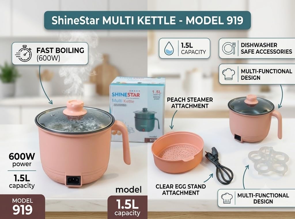 1.5L Electric Multi Kettle with Steamer & Egg Rack, Peach