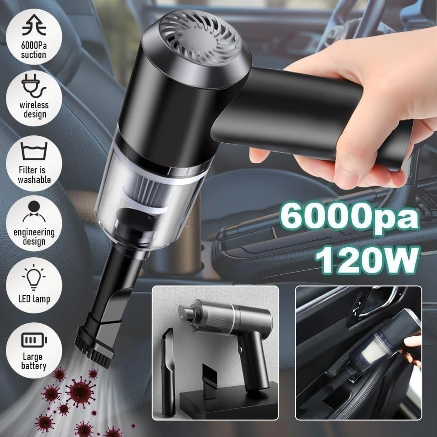 3-in-1 Portable Car Vacuum Cleaner with Blower, USB Rechargeable, Black, Wireless Handheld Mini Design, Strong Suction, Washable HEPA Filter for Car, Home, FOR TRAVEL (A2)