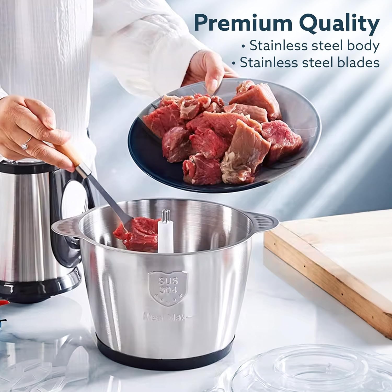 2L Electric Meat Grinder with Handle | 1000W Powerful Meat Mincer & Food Chopper | Stainless Steel Bowl | 4D Sharp Blades | Dual Speed | Multi-Purpose Kitchen Chopper for Meat, Vegetables & Spices