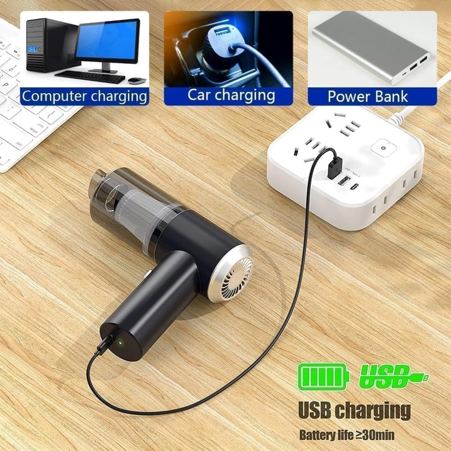 3-in-1 Portable Car Vacuum Cleaner with Blower, USB Rechargeable, Black, Wireless Handheld Mini Design, Strong Suction, Washable HEPA Filter for Car, Home, FOR TRAVEL (A2)