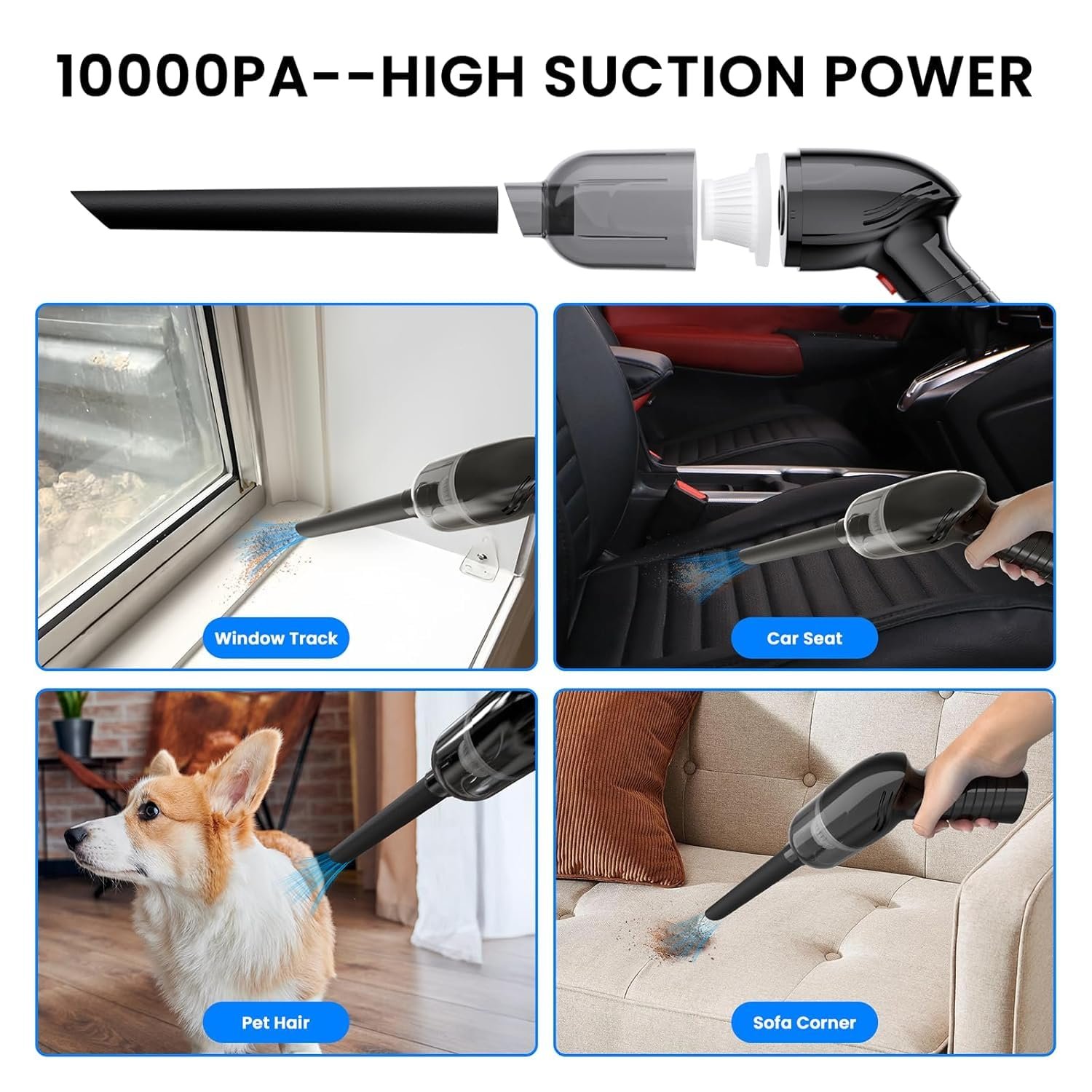 12kPA Powerful Suction 60W Wireless Hand Vacuum 3-in-1 Wireless Portable Vacuum Cleaner, BLDC Motor HEPA Filter, Compact & Lightweight for Car, Home use, & Pet Hair